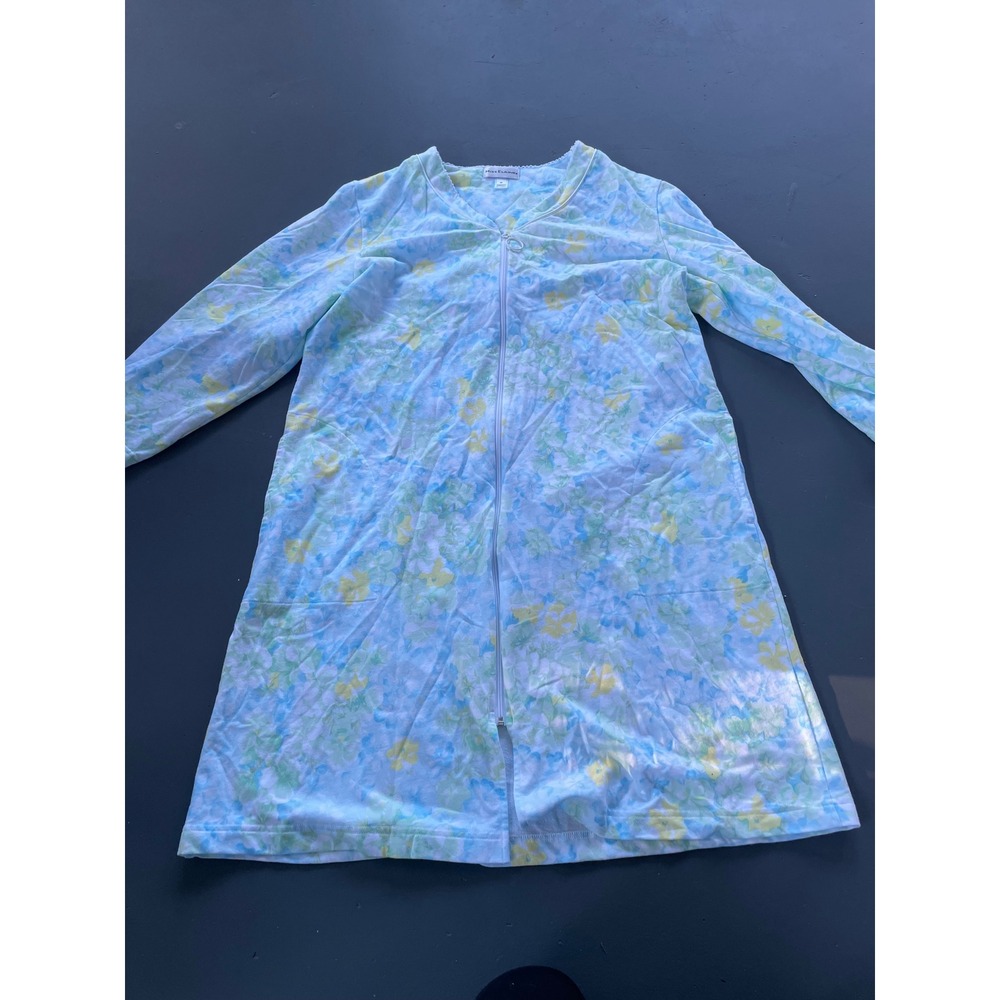 Miss Elaine Floral Zip Front Robe Blue Green Yellow French Terry M 363412